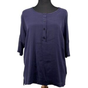 SET silk inside navy blue 3/4 length sleeve shirt button top sz 2 silk viscose